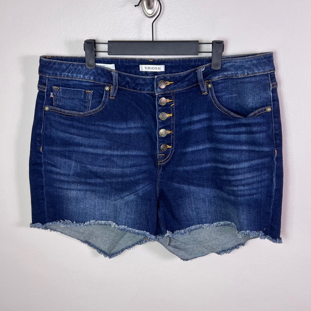 Vigoss Ace High Rise Shorts 18 Dark Wash Button Fly Raw Hem Denim Cut Offs